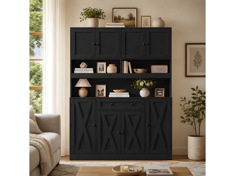 Meuble de cuisine muvano, buffet de cuisine noir avec plan de travail et prise électrique, 140 × 40 × 185 cm  - Conforama C