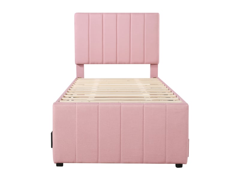  Lit rembourré jeune 90x200 cm avec 1 lit gigogne 90x190 cm et 3 tiroirs, lin et mdf, rose (sans matelas)  - Conforama D