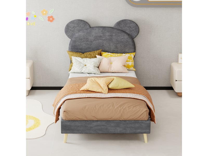  Lit simple rembourré 90x200 cm avec tête de lit douce à motifs cartoon, lit enfant avec sommier à lattes, lit 1 personne, gris  - Conforama C