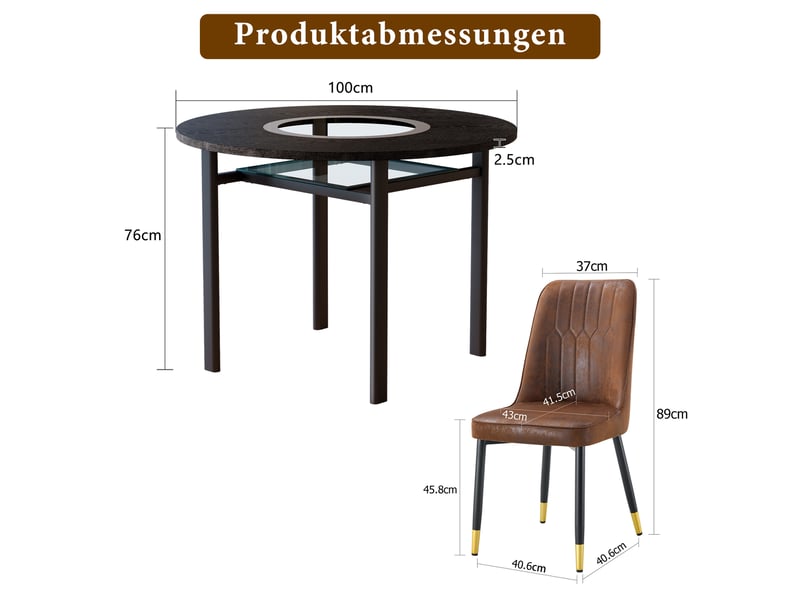 Ensemble table et chaises avec 1 table ronde et 2 chaises  - mdf, métal et tissu - marron et noir  - Conforama D
