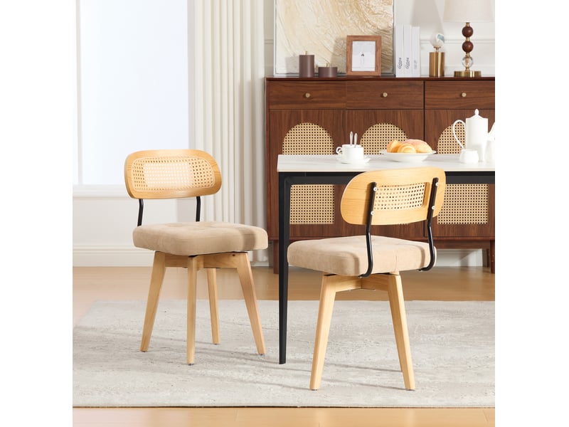  Lot de 2 chaises de salle à manger pivotantes à 360° avec dossier en rotin tressé et assise en chenille kaki  - Conforama C