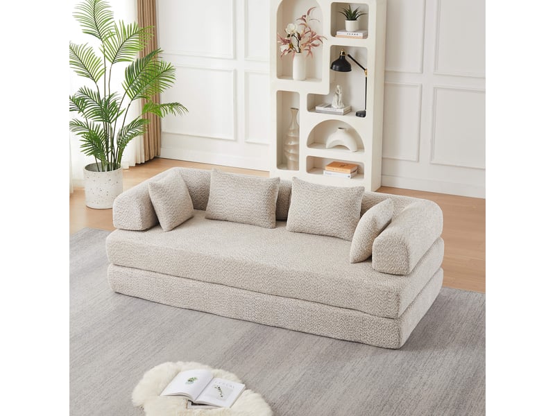 Canapé convertible modulable 2 places 4-en-1, dossier réglable, sans montage, antidérapant, anti-taches, 4 coussins, chenille beige - Conforama B