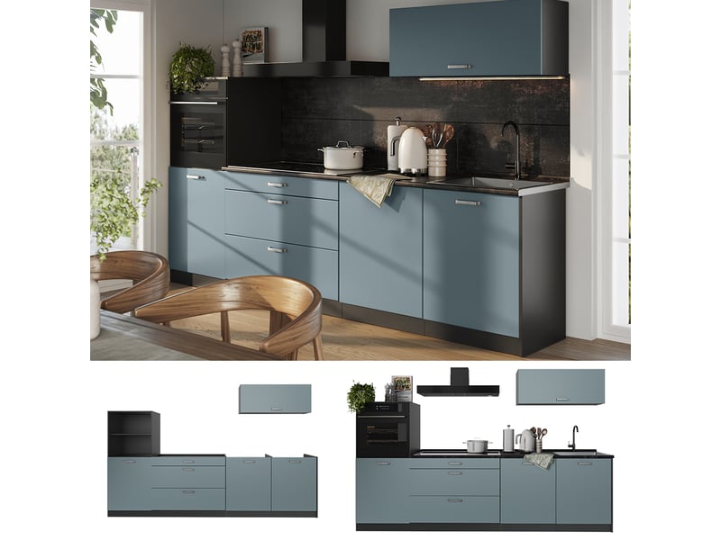  Vicco cuisine, bleu-grisanthracite, 280cm plan de travail anthracite  - Conforama D