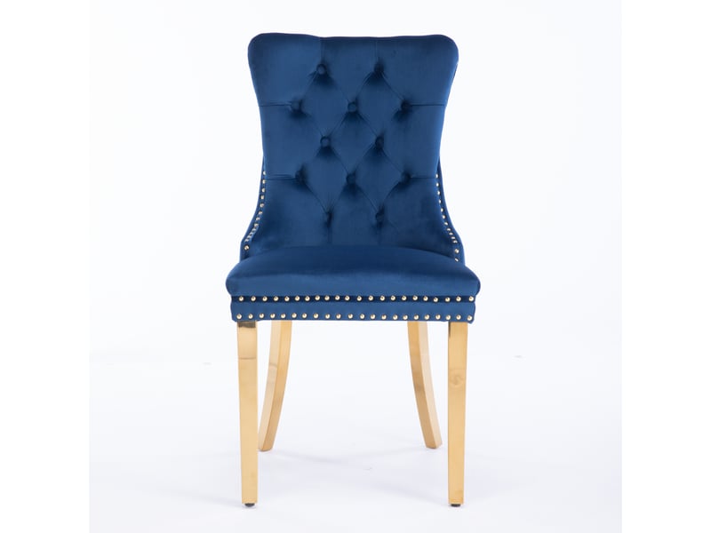  Chaises de salle à manger velours de1601bl bleues lot de 2 avec pieds acier doré et clous décoratifs  - Conforama A