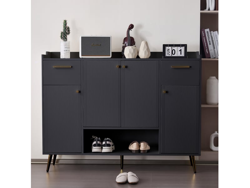  Meuble à chaussures 130x37x100 cm – noir – 2 tiroirs, 4 portes et rangement ouvert pour entrée moderne  - Conforama D