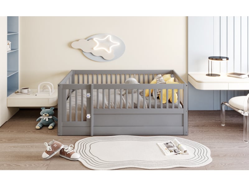  Lit 1 personne 140 x 200 cm pas de sommier a lattes, lit enfant a cadre en bois avec barrières et porte, cadre de lit, gris  - Conforama W
