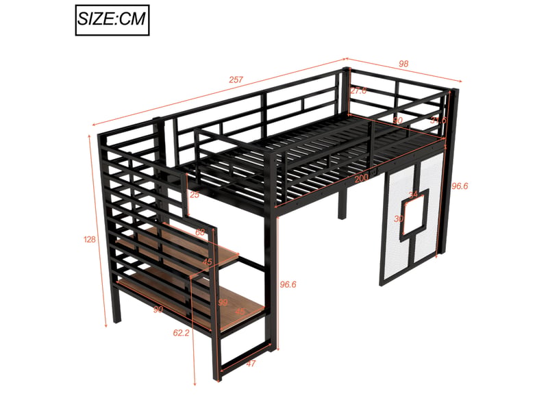  Lit mezzanine enfant 90x200 cm, pour chambre, avec escalier de rangement, led et fenêtres, métal et mdf, couleur noir  - Conforama C