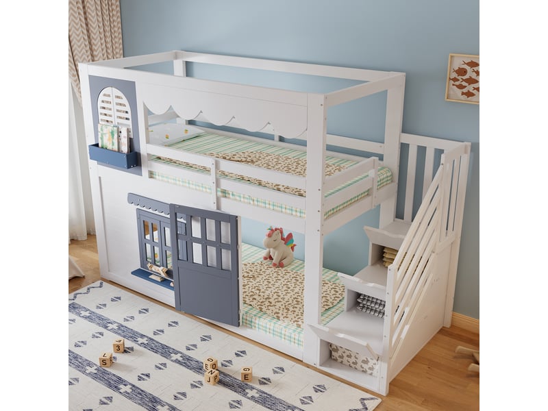  Lit mezzanine enfant 90x200 cm lit cabane lit adolescent lit simple en bois avec escalier de rangement porte fenêtres ouvrantes  - Conforama E