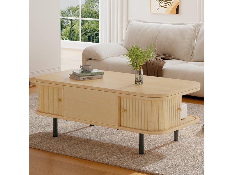 Table basse relevable 101x51x52.5 cm avec rangement en mdf, coloris bois naturel - Conforama C