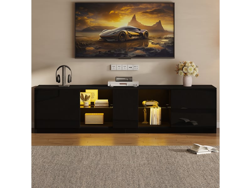  Meuble tv 160 cm noir brillant avec led - pour tv 65 pouces - 2 tiroirs et 1 porte  - Conforama W