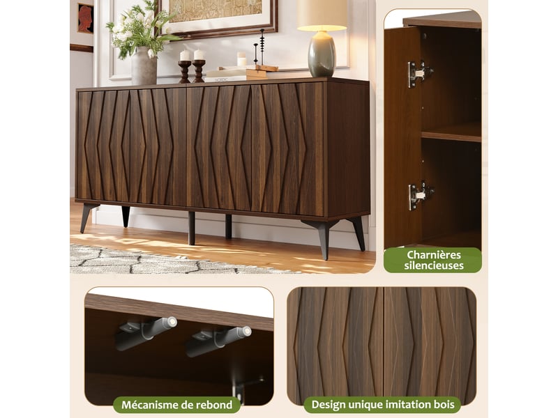 Buffet 4 portes 140 cm étagères réglables meuble de rangement couleur noyer vintage - Conforama R