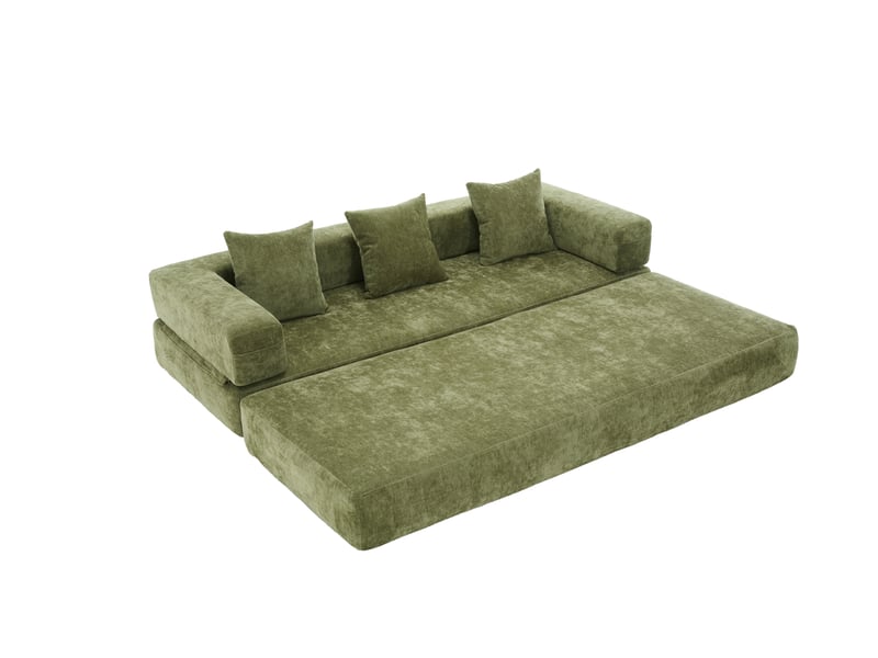  Canapé-lit convertible compressée modulable 3 places,198x79x60cm,avec poches latérales et base anti-glisse,chenille,vert  - Conforama A