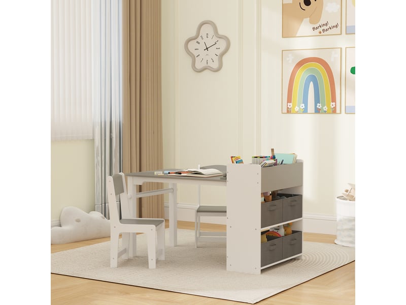  Ensemble table et chaises pour enfants avec 2 chaises et une table de rangement, en bois et tissu non tissé, gris et blanc.  - Conforama C