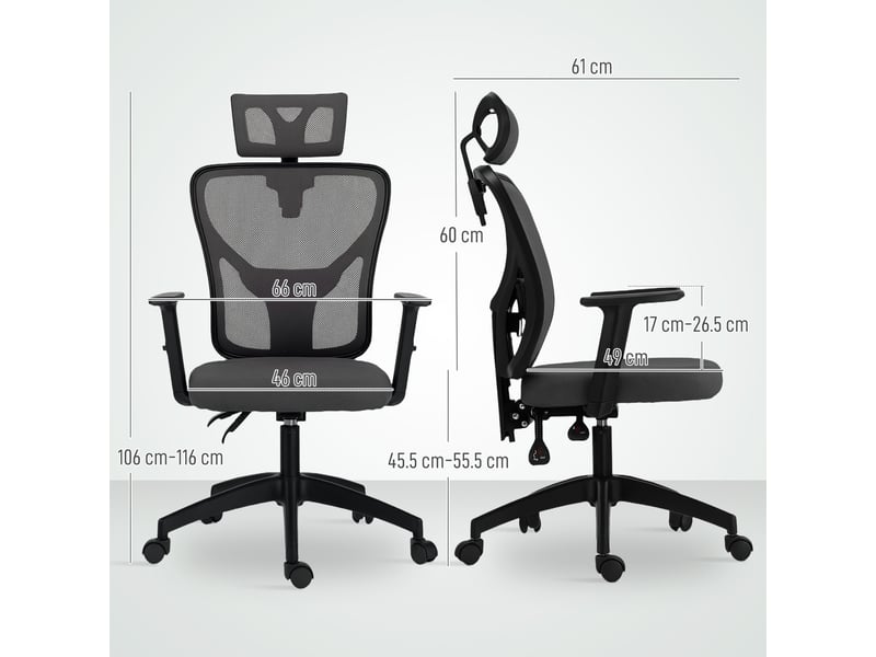  Chaise de bureau ergonomique et réglable avec soutien lombaire et appui-tête, 66 x 61 x 106-116 cm, grise  - Conforama E