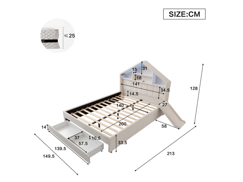  Lit cabane enfant 140x200 cm avec toboggan, led, prise de charge et coffre de rangement, beige, sans matelas  - Conforama C