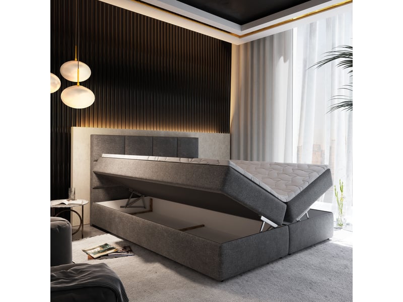 Boxspring lena 200x200 cm, lit complet avec matelas, noir - Conforama C