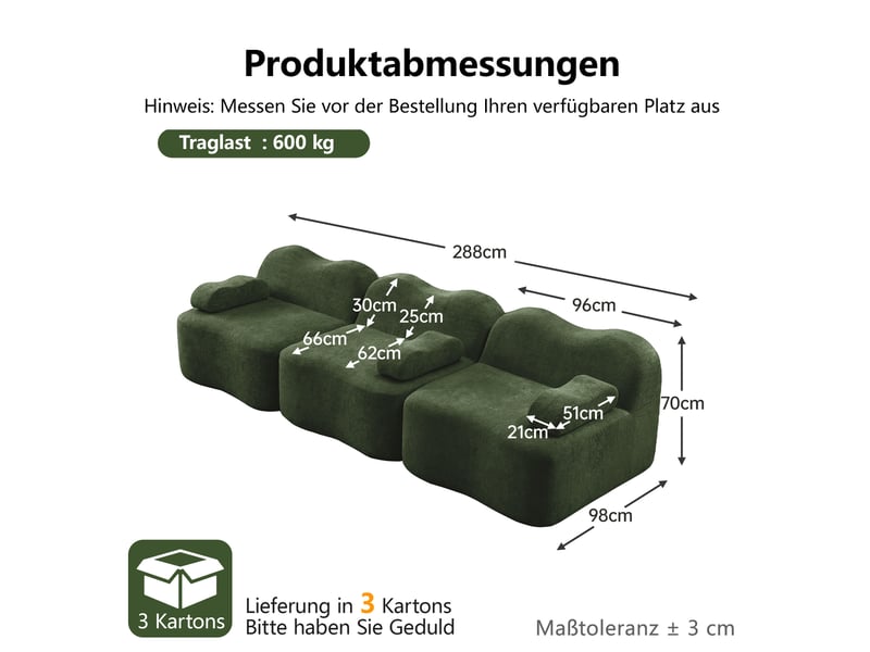  Canapé modulable 3 places vert en velours, forme ondulée  - Conforama E