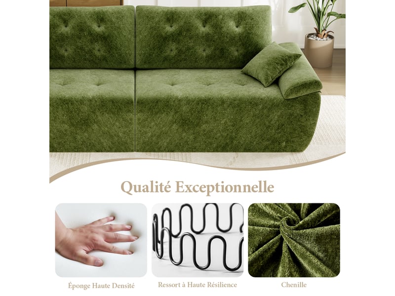  Canapé compressé modulable style nuage scandinave 275cm vert en chenille,mousse compressée haute densité,canapé doux pour salon 275x102x66CM - Conforama C