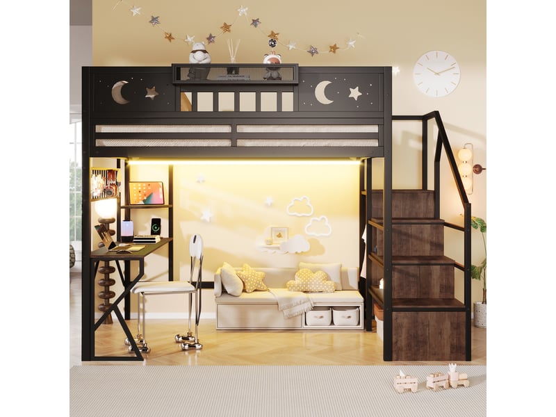  Lit mezzanine 140x200 cm, lit enfant, bureau, panneau perforé, étagères, barrière antichute, led, port usb, bois et métal noir  - Conforama R
