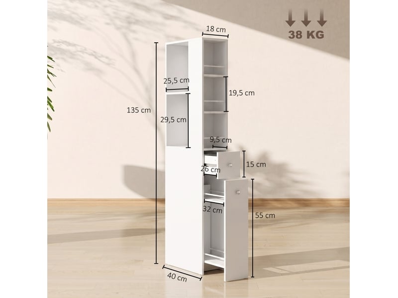  Colonne de salle de bain étroite en mdf peint blanc, 2 tiroirs, 18 x 40 x 135 cm  - Conforama C