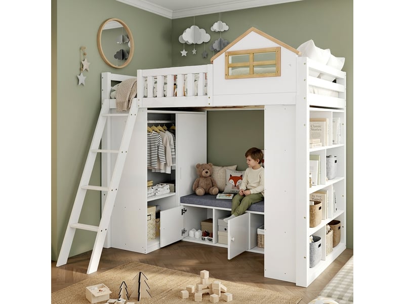  Lit mezzanine enfant 90x200 cm avec rangement blanc et naturel  - Conforama D