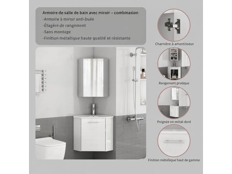  Ensemble meuble vasque d'angle blanc avec miroir, meuble compact de salle de bains  - Conforama D