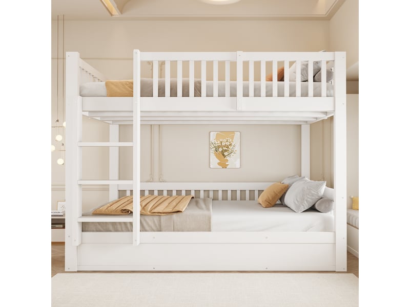  Lit superposé enfant 140x200 cm, 2 couchages, rangement hydraulique sous le lit, échelle sécurisée, garde-corps, sommier à lattes, pin et mdf blanc  - Conforama B