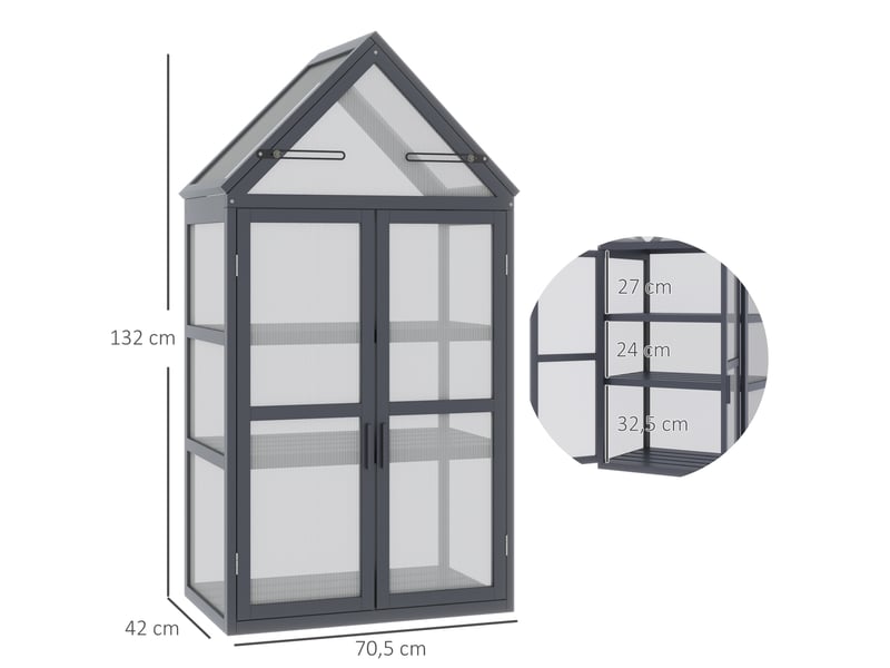 Serre de jardin mini à 3 niveaux en bois gris, portes verrouillables et toit ouvrant, 70,5 x 42 x 132 cm - Conforama C