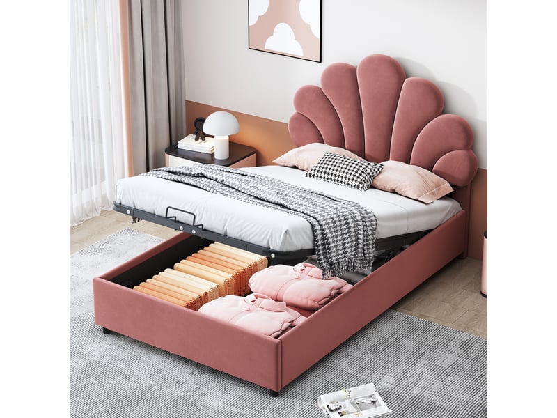 Lit coffre enfant 90x200 cm, espace de rangement, tête de lit réglable, sommier, velours rose foncé, sans matelas - Conforama W