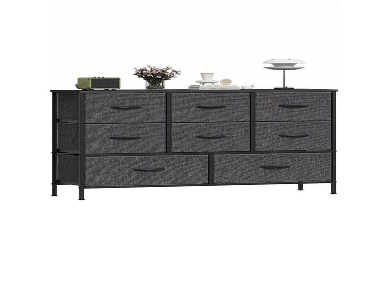  Chiffonnier meuble 100x30x76 cm huit tiroirs tissu gris fonce et metal noir chambre  - Conforama A