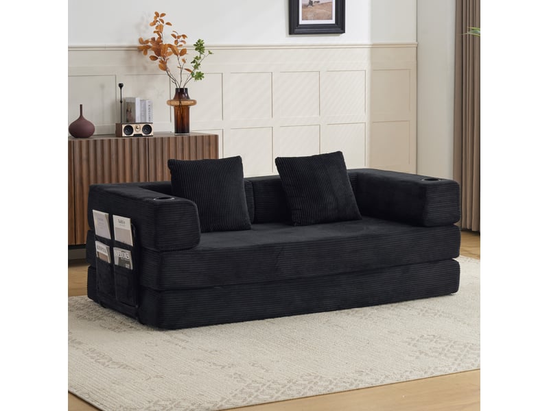  Canapé-lit de sol modenvie convertible 2 places en velours côtelé noir 185 x 92,5 x 60 cm  - Conforama B