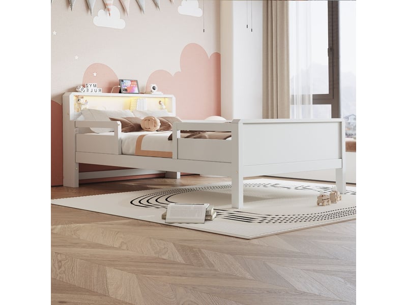  Lit enfant 90x200, garde-corps haut sécurité renforcée lit combine enfant, structure bois massif, rangement intégré, ports usb-led  - Conforama B