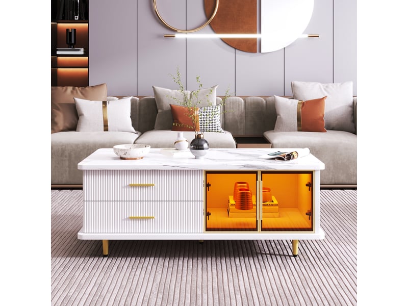  Table basse avec 2 tiroirs, 2 portes et led pour salon 100×50×40 cm en panneaux de particules blanche  - Conforama B
