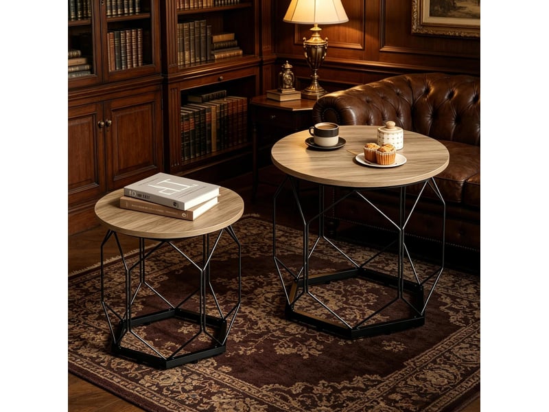  Lot de 2 tables basses rondes 50x50x45 cm et 40x40x36 cm avec plateaux amovibles bois métal gris aspect bois  - Conforama E