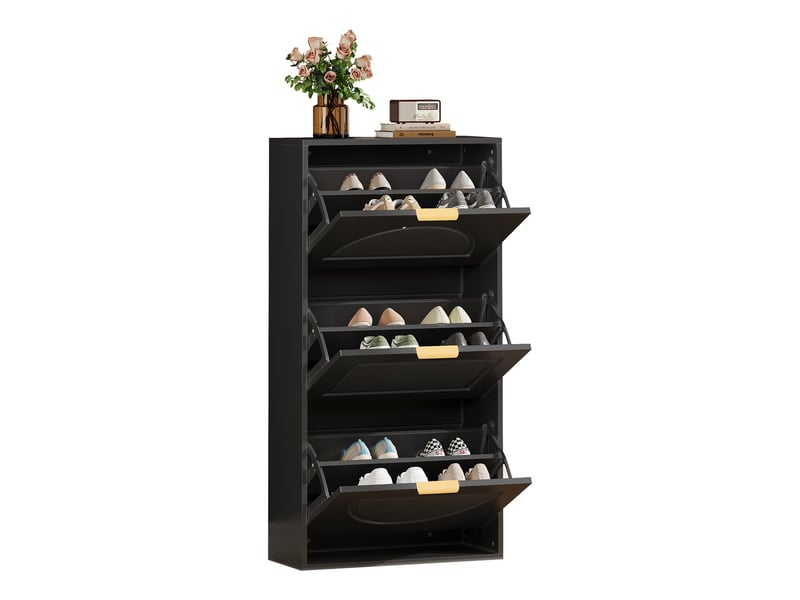  Meuble à chaussures - 60x24x114cm - meuble d'entrée étroit avec 3 abattants, séparateurs réglables, anti-basculement - noir mat  - Conforama A