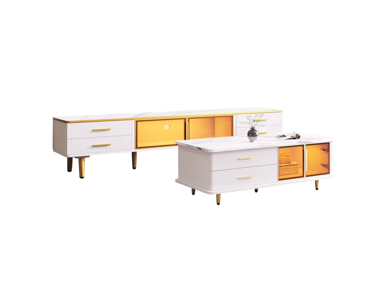 Ensemble meuble tv et table basse modenvie avec rangement led 170 x 37 x 47,5 cm blanc et doré - Conforama A