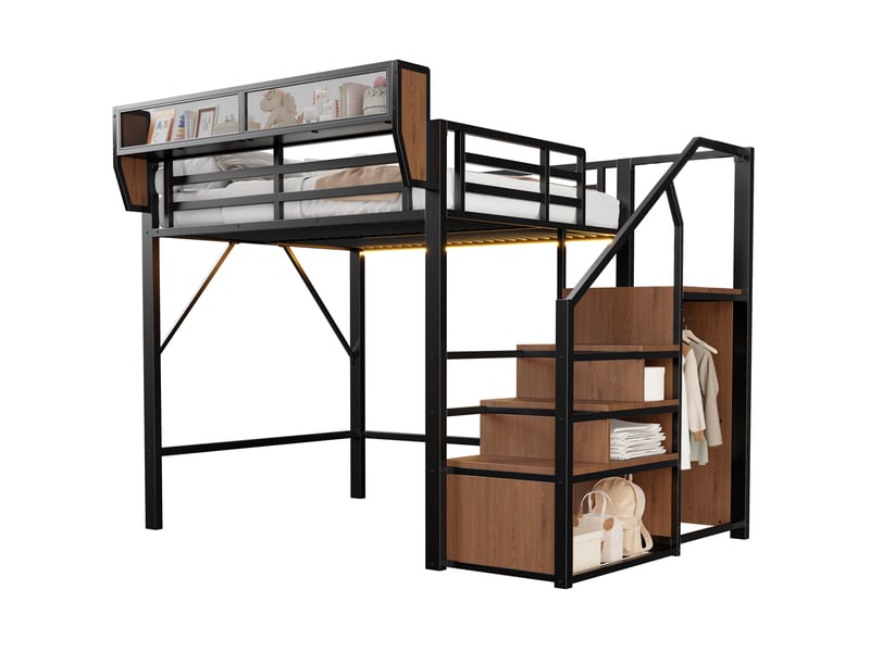 Lit mezzanine 140x200 cm en métal - échelle de sécurité - rangement flexible - bandeau led multicolore - noir - Conforama A