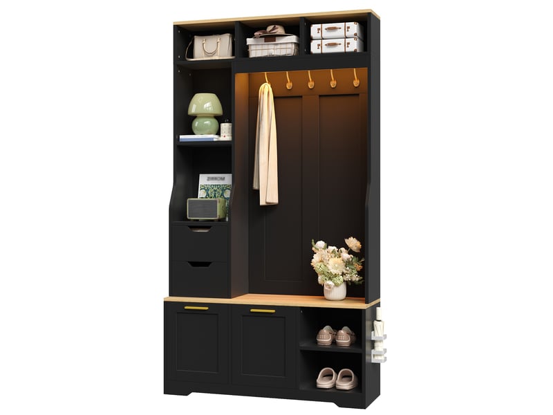 Meuble d'entrée 100 x 32 x 186 cm, banc, 5 patères, 2 tiroirs, 2 abattants à chaussures, led par appli, mdf et panneaux de particules, noir ABC - Conforama A