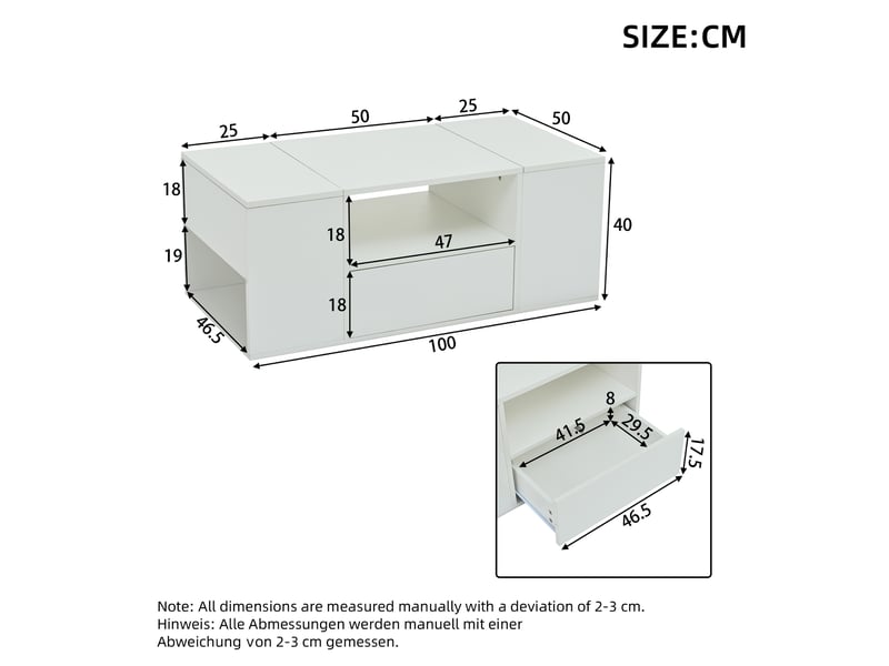  Table basse avec 1 tiroir, 2 placards et led pour salon 100×50×40 cm en panneaux de particules blanc  - Conforama E