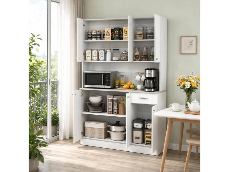  Buffet de cuisine blanc et gris avec plan de travail, 6 portes et 1 tiroir  - Conforama B