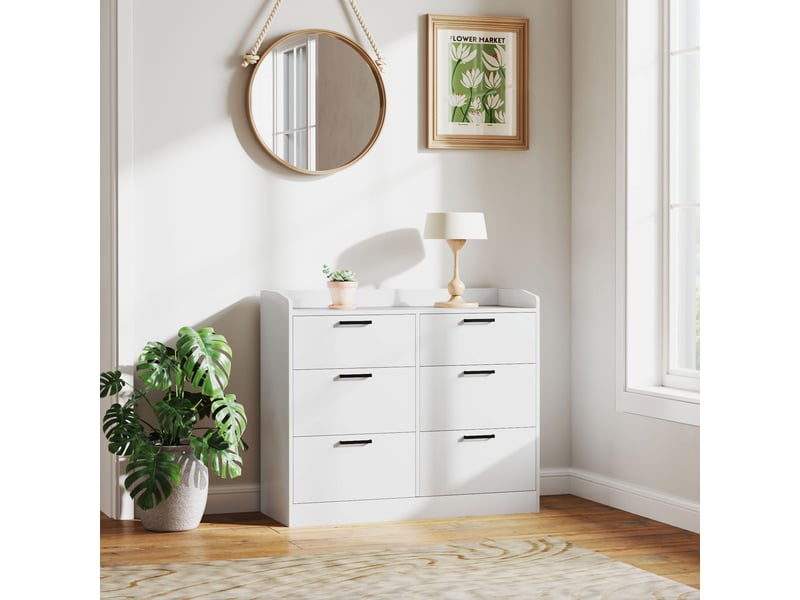  Commode en bois à 6 tiroirs, bords relevés et poignées en forme de u, 100 x 40 x 88 cm, blanche  - Conforama C