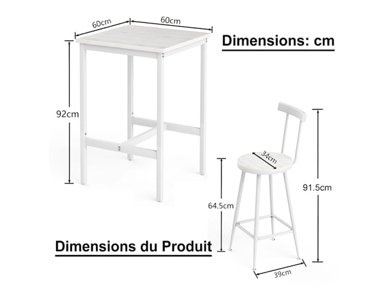  Ensemble table de bar 60x60 cm et 2 chaises, style industriel blanc  - Conforama C