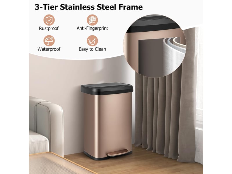  50l poubelle à pédale, poubelle en acier inoxydable avec couvercle à fermeture douce, compartiment désodorisant, poubelle de cuisine anti-odeur rose  - Conforama B