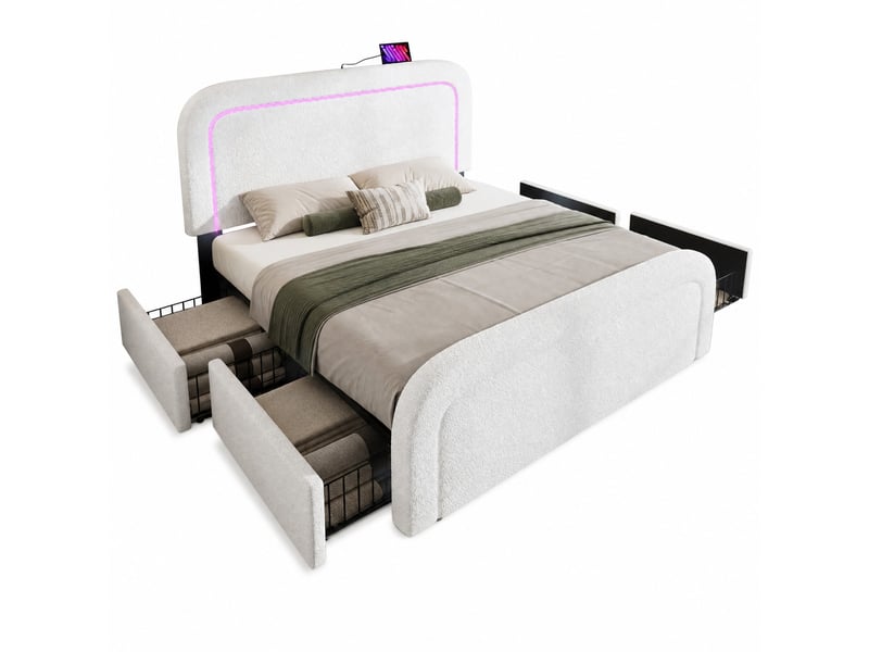 Lit 2 places 160x200 cm – blanc – led, usbtype-c, 4 tiroirs et tête de lit réglable – sans matelas - Conforama A