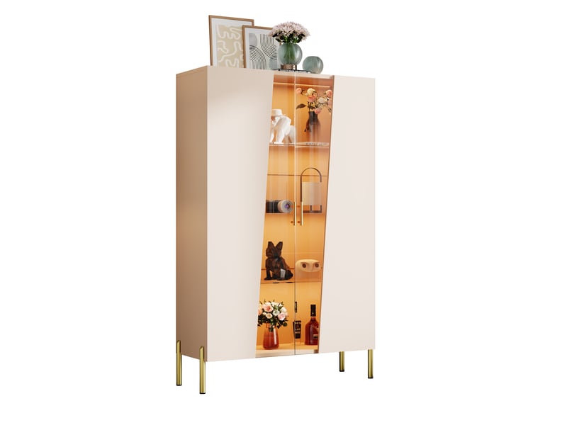  Vitrine en verre led 72 x 40 x 145 cm, porte vitrée trempée asymétrique, 3 tablettes verre, poignée et pieds métal, buffet  - Conforama A
