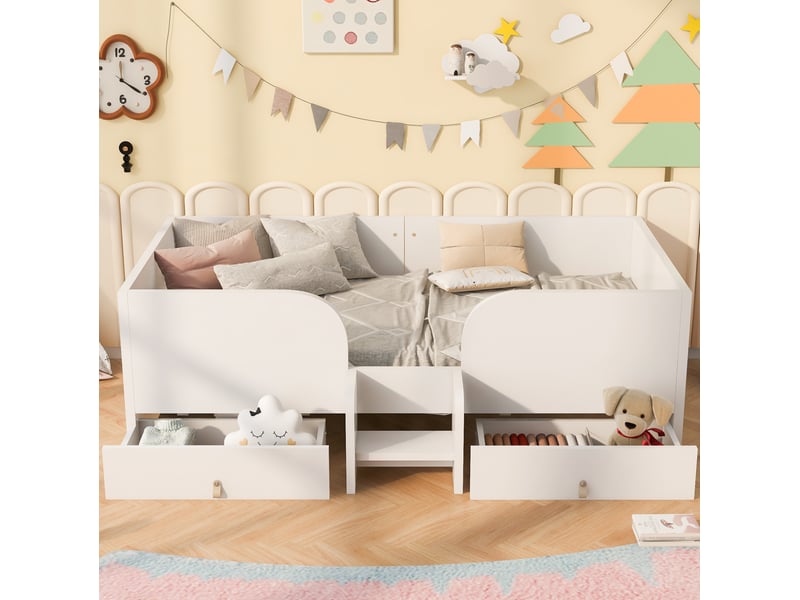  Lit enfant modenvie 90 x 200 cm avec 2 tiroirs, barrières latérales et marchette, blanc  - Conforama D