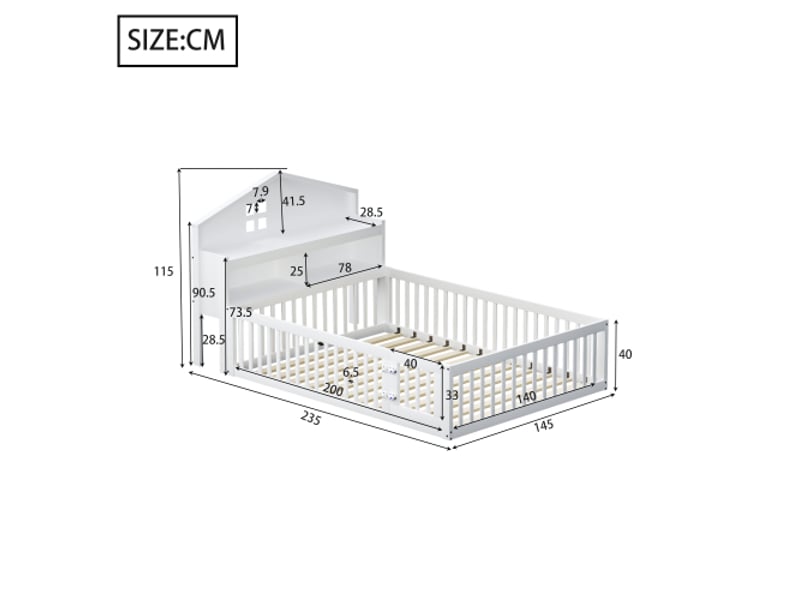 Lit enfant 140x200 cm, tête de lit de rangement et barrière de protection, avec lattes, en bois, blanc, sans matelas  - Conforama D