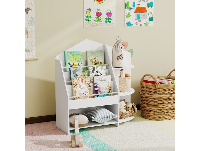  Bibliothèque enfant 80 x 30 x 79,7 cm blanche en bois, 7 compartiments pour livres et jouets au sol  - Conforama B