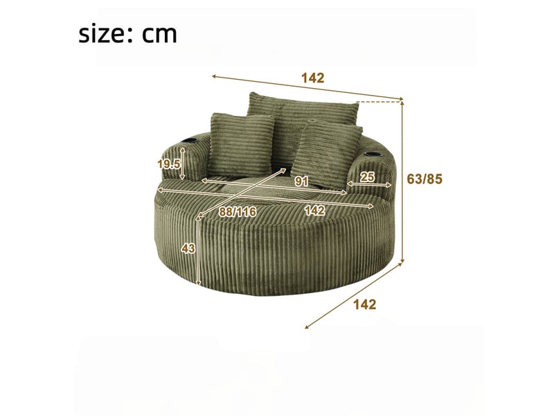  Canapé droit, fauteuil lounge rond en velours côtelé, dessous antidérapant, pour salon et chambre, 63 x 142 x 142 cm, vert  - Conforama C