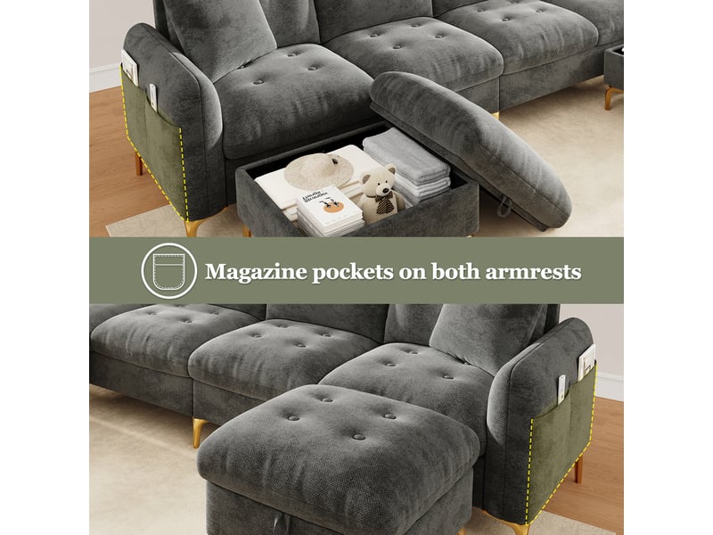 Canapé droit 4 places, canapé d'angle modulaire en u avec 2 poufs à rangement et 2 coussins déco, chenille gris - Conforama E